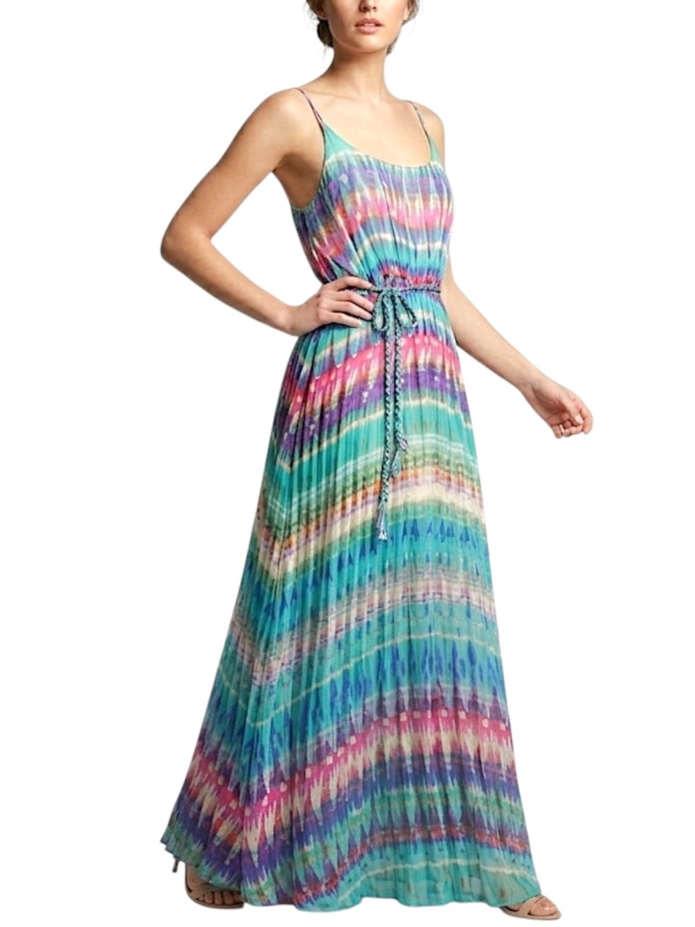 Charlie Jade pure silk chiffon turquoise geometric print flowy maxi dress XS